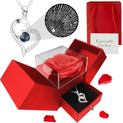 TANNESS Preserved Real Roses Gifts for Her - Gift Box, Necklace w/ 'I Love You' in 100 Languages - Mom, Eternal Rose, Forever Rose for Mum, Presents for Women, Necklace Box