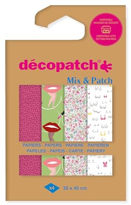 Décopatch DP048C - Une Pochette de 4 Feuilles Décopatch - Dimensions : 30 x 40 cm - Papiers imprimé, ode à la femme - Mix & Patch - A partir de 5 ans, DIY, création, rénovation, activité créative