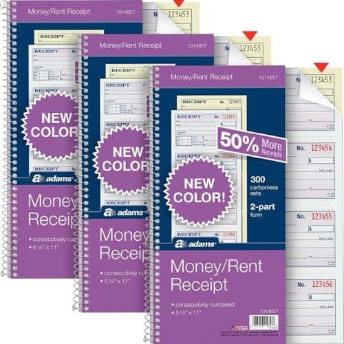 Adams Money and Rent Receipt Book - 2-Part Carbonless, 5-1/4 X 11 - Spiral Bound, 4 Receipts Per Page, 300 Sets per Book, 3 Pack