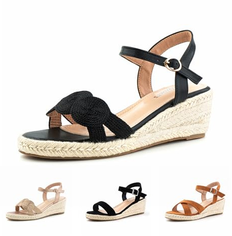 Hitmars Sandalias Mujer Plataforma Cuña Sandalias Verano Espadrilles Zapatos 6 CM Tacón Alpargatas de Cuña Moda con Hebilla Negro EU 37