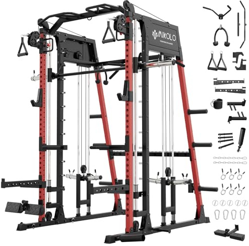 Mikolo Smith Machine, 2200lbs Squat Rack with LAT-Pull Down System & Cable Crossover Machine, Power Rack and Packages