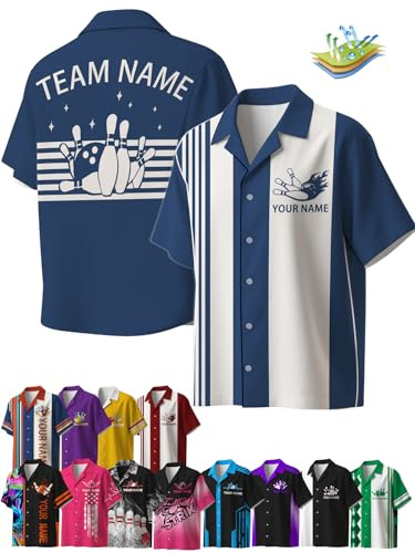 Farbely Camisas de Bolos Retro Personalizadas con Botones para Hombre y Mujer. Diseño Personalizado con Nombre de Equipo en Contraste.