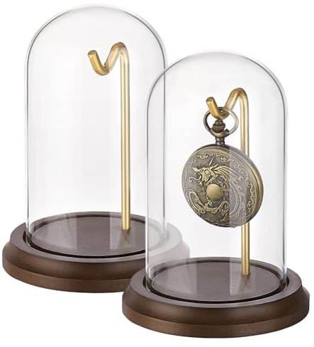 PH PandaHall 2pcs Pocket Watch Display Dome Cloche with Metal Hook 4x5 inch Decorative Watch Display Jar with Wood Base Glass Display Dome Showcase for Pocket Watch Medals Collectibles Photos Ornament