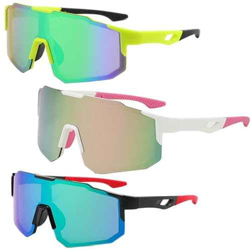 FAINCA 3 Pezzi Occhiali Veloci Uomo Blocca I Raggi UV Occhiali Ciclismo Lenti Ampie e Curve Bici da Corsa Uomo Antivento e Parasole Lenti Ampie e Curve per Ciclismo Pesca Corsa Pallavolo