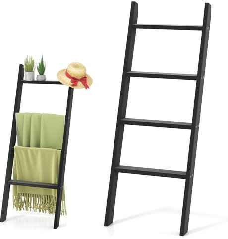 LIFEZEAL Estantería para Manta, Toallero de Suelo, Toallero, Bufandas, Alfombras, Ropa, Escalera de 4 Estantes para Apoyar, para Baño, Cocina, de Madera de Pino, Máx. 80 kg, 51 x 8 x 137 cm (Negro)
