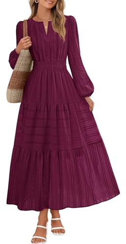 MEROKEETY Spring Summer Midi Dresses for Women 2026 Fall Casual Vacation Long Sleeve V Neck Tiered Cotton Maxi Dress Pockets, Wine, Large