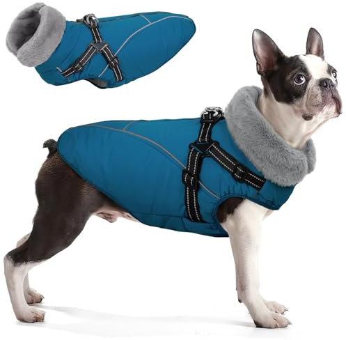 Queenmore Dog Jackets for Large Dogs, Dog Coat with Harness Built in,Waterproof Dogs Coats with Zipper On Back,Warm Fleece Lining Cold Weather Pet Coats with Furry Collar for Labrador,Blue,XL
