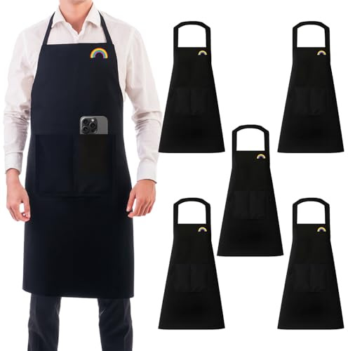kelav 5 Pezzi Grembiuli da Cucina, Grembiuli Impermeabili e Anti-Macchia con Tasca per Telefono e Design Arcobaleno, Regolabili per Uomo e Donna, Per Cucina Ristorante Caffetteria, Nero