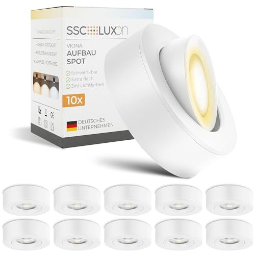 SSC-LUXon 10 Stück VIONA LED Mini Aufbauspot flach weiß schwenkbar - Aufputzstrahler Decke warmweiß, neutralweiß, kaltweiß