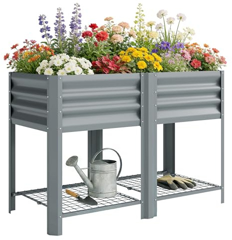 Outsunny Letto per Orto Rialzato 150L a 2 Livelli con Ripiano Portaoggetti, Fioriera Rialzata da Esterno in Acciaio Zincato con Guanti, per Fiori Verdure, 120x55x80 cm, Argento Grigio