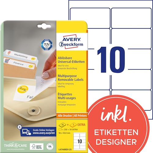 Avery Italia L4744REV-25 Etichette adesive bianche rimovibili, 96 x 50.8 mm, 10 etichette per foglio, confezioni da 25 fogli