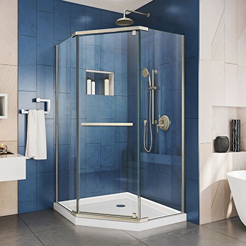 DreamLine Prism 42 in. x 74 3/4 in. Frameless Neo-Angle Pivot Shower Enclosure in Brushed Nickel with White Base Kit, DL-6033-04