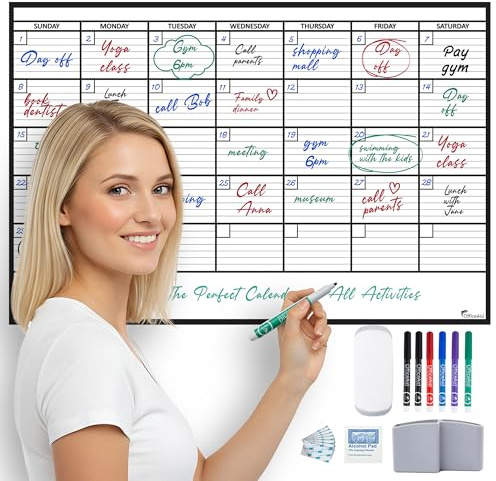 Large Dry Erase Calendar for Wall 24x36, Giant Family Office Big Reusable, Monthly Planner Erasable Month, Rolled Whiteboard White Board, 36x24 Calendar Dry Erase for Undated Wall Large Classroom