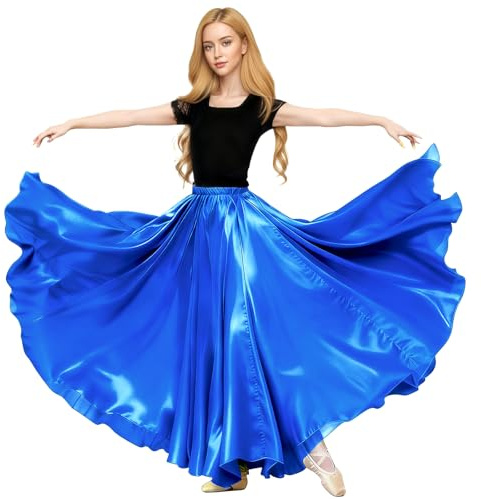 Baisdan Falda de Flamenco para Mujer, Falda Larga de Satén Brillante Sevillana para Danza del Vientre Azul Marino