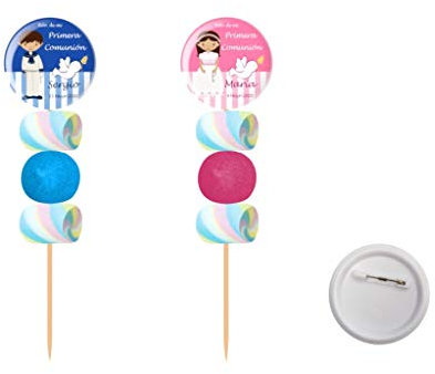 Lote de 30 Originales Brochetas de Golosinas Personalizables  Chapa Alfiler Comunión (A Elegir). Recuerdos. Juguetes y Regalos para Fiestas de Cumpleaños, Bodas, Bautizos y Comuniones.DC. (NIÑO)