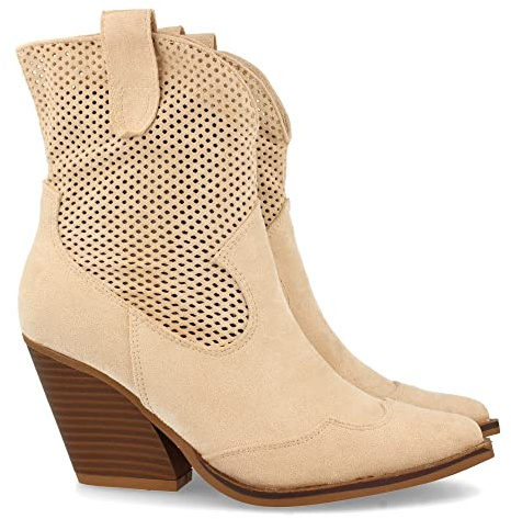 shoes&blues.es 62673-Botin de Tacon para Mujer, Comodo, con Calados en Cana, Punta Fina, y Cierre de Cremallera, Primavera Verano 2022. Talla 37 Beige