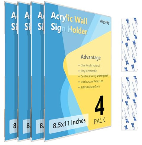 Acrylic Sign Holder 8.5 x 11 Wall Mount, Clear Vertical Plastic Frames with Double-Sided Tape, Menu Flyer Display Holders for Office, Home, Business, Store, Restaurant, 4 Pack