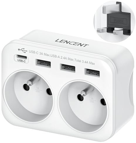 LENCENT Adaptateur Prise Anglaise/UK/Angleterre et Française avec 3 Ports USB et 1 Port USB-C adapté à Irlande, Royaume-Uni, Écosse, électrique Mâle UK/Femelle France, Type G