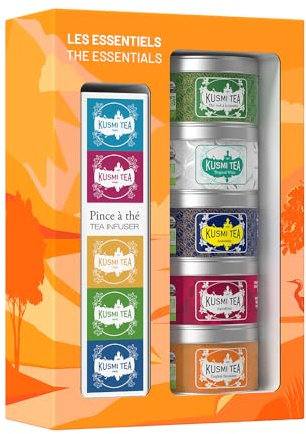 Kusmi Tea - Coffret Les Essentiels + Pince à Thé - Assortiment de Thés Bio - Idée Cadeau Homme et Femme - Thés Noirs, Thés Verts et Infusions - Fabriqué en France - 5 Boîtes de 25g