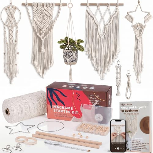 Kits de macramé para adultos principiantes con 112 suministros de macramé y libro de 7 proyectos: el kit de macramé de bricolaje incluye cordón de macramé de 165 yardas con suministros de manualidades