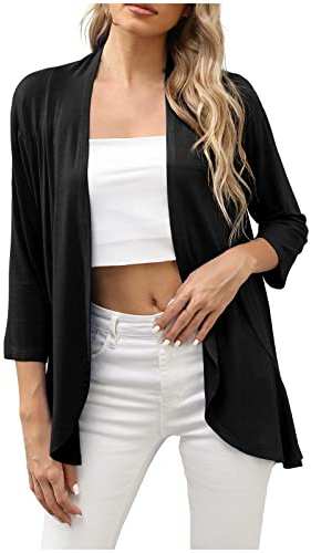 Cardigan Schwarz Damen Open Elegant Sportlich Sommer Jäckchen Bolerojacke Modern 3/4 Arm Lang Casual Blouson Cardigan Leicht Dünn Festlich Schwarz Blusenjacke Strickjacke