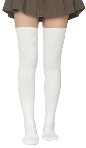Bestjybt Women Thigh High Socks Cotton Cable Knit Over the Knee Boot Stockings Long Warm leg Warmers (White)