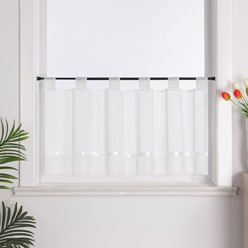 Joyswahl Linneutseende, fönstergardiner, moderna Viola, transparent bistrogardin med öljetter, gardiner, kök med satinband, kort storm, vit, H x B 45 x 120 cm, 1-pack