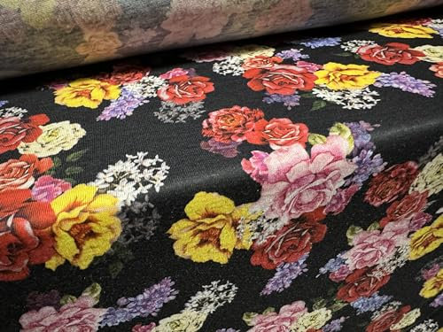 Jersey-Stoff mit weichem Griff, Meterware, Rosen-Druck, Schwarz mit mehrfarbigen Blumen