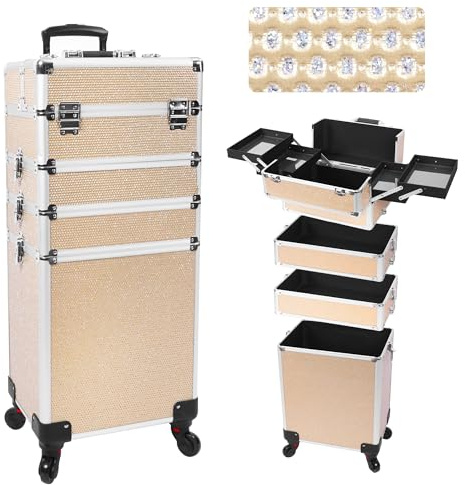CHUANGJIN Professional Rolling Makeup Case with Wheels, 5-in-1 Makeup Train Case, Cosmetic Makeup Trolley Cart Travel Cosmetology Case On Wheels with Key for Hairstylists, Nail Tech (Gold Crystal)