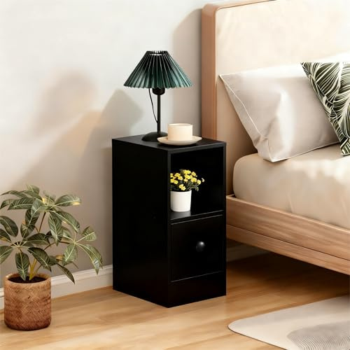 Sanery 20 cm Kleiner Nachttisch mit Schublade, Schmaler Beistelltisch mit Ablage, Schlankes Nachtschrank Nachtkommode mit Stauraum für kleine Räume Schlafzimmer Wohnzimmer (Schwarz)