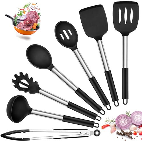 Joyfair Kitchen Utensils Set, 7 Pcs Silicone Cooking Utensils with Stainless Steel Handle, Non Scratch Cooking Tools Spatula Tongs Spoon for Non Stick Cookware, Heat Resistant & Dishwasher Safe, Black