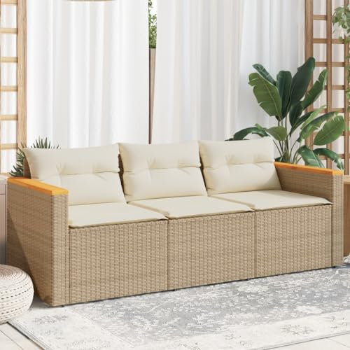 Homgoday Trädgårdssoffa med kudde, 3-sitsig balkongsoffa, balkongmöbler, soffa, soffa, terrasssoffa, rottingsoffa, loungesoffa, trädgårdslounge, trädgårdsbänk, sittbänk, trädgårdsmöbler, beige, poly