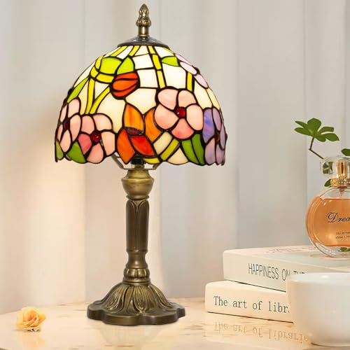 Ppbmocw Tiffany Style Lamp,Four Leaf Flower,3 Color Temperatures,8 inch | Small Stained Glass Table Lamp For Bedside,Living Room,Bedroom,Reading,Traditional Light,Vintage Art Deco Lamps,Holiday Gifts