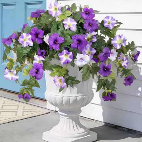 Ammyoo Artificial Fake Flowers Plants for Outdoor Decoration, 2PCS Faux Petunias Silk Flower UV Resistant No Fade for Home Outside Garden Balcony Yard Porch Realistic Indoor Decor (Purple White)