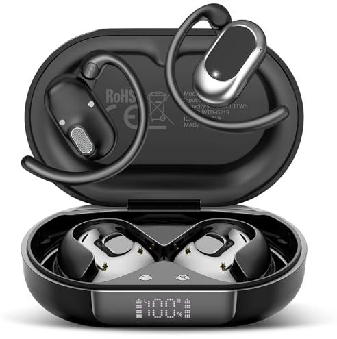 STECEi Open Ear Ecouteurs Bluetooth sans Fil, Écouteurs Bluetooth 5.4 Ouverts avec Écran LED, 36H HiFi Stéréo, Oreillette Sport avec 4 Mic, IP7 Étanche Casque Sport pour Running/Gym, Noir