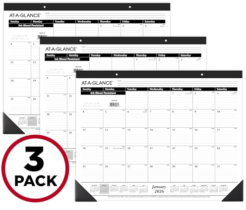 AT-A-GLANCE 2026 Desk Calendar, Desk Pad, Monthly, 21-3/4 x 17, Large, Ruled Blocks, 3 Pack (AZSK240026), White