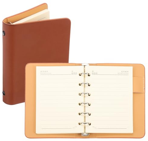 PATIKIL 6 Anillos Cubierta Para Carpeta, A7 Cuaderno Cuero Carpeta Mini Recargable Hojas Sueltas Planificador Personal Con 50 Hojas Papel Rayado, Marrón