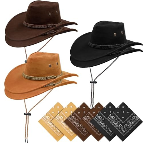 ASMIZ Lot de 6 Chapeaux de Cowboy avec Bandanas, Cordon Réglable, Accessoires de Costume Western pour Adultes - Chapeaux pour Fête à Thème