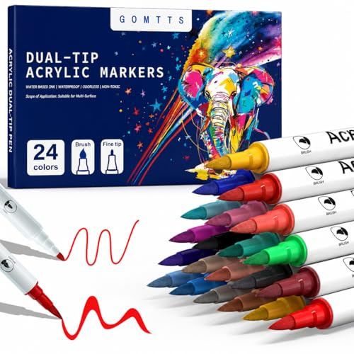 Jmoryd 24 Acrylic Paint Pens,Colouring Pens Books Felt Tips for Adults,Markers Brush Tip and Fine Tip for Rock Painting stones, wood, ceramics, glass pens, ideal for DIY crafts and art supplies