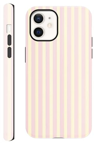 Yirlbey Randigt randigt mobiltelefonfodral för iPhone 12 Pro/12 fodral 6,1 tum, estetisk rosa gula ränder mönster motiv design för flickor skyddande fodral tvåskikts stötsäker mjuk färgglad silikon