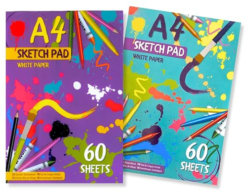 2 Pack Kids A4 Sketch Pads – 60 Sheets Each, 80 GSM White Drawing Paper for Children – Perfect Art Book for Painting, Colouring, Sketching & Drawing – Ideal for School & Home Use
