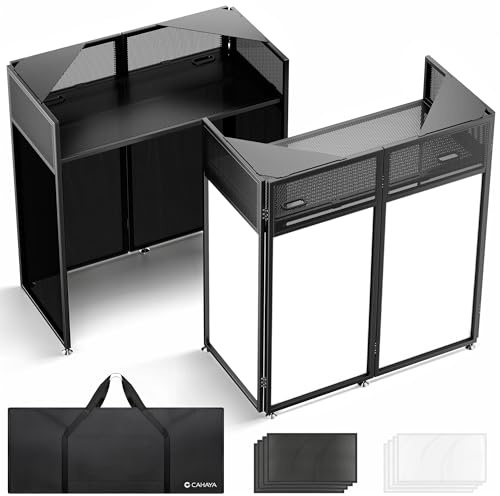 CAHAYA Cabina DJ Portátil – Mesa DJ Plegable con Esquinas Dobles, t elas de iluminación Negra y Blanca, Bolsa de Transporte, Orificios para Cables, 102×51cm – Ideal para Fiestas y Eventos