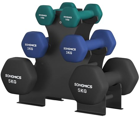 SONGMICS Kurzhantel Set, Hexagon, mit Hantelständer, 2 x 1 kg, 2 x 3 kg, 2 x 5 kg, mattes Finish, Neopren-Beschichtung, Krafttraining, zu Hause, aquamarinblau, hafenblau und tintenschwarz SYL618QZ02