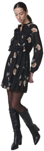 Koroshi Vestido Corto Manga Larga chifón Floral Cuello Mao Mujer, de Color Black, Talla M