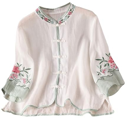 3/4 Sleeve Shirts for Women UK Elegant Floral Embroidered Blouse with Chinese Style Fold Button Lightweight Oriental Tops Ladies Traditional Chinese Clothing Vintage Ethnic Style Top