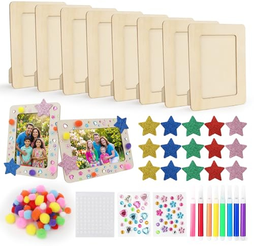 FYSL Set med 8 träbildramar för målning för barn (14 x 19 cm) | bildram pysselset med 8 vattenfärger, glitterstenar | kreativt set för självdesign
