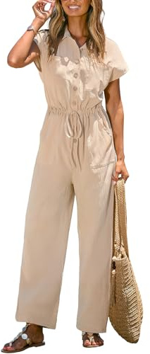 CUPSHE Mono de verano para mujer, con botones, manga corta, bolsillos, pierna ancha, cordón en la cintura, para vacaciones, estilo casual, beige, S
