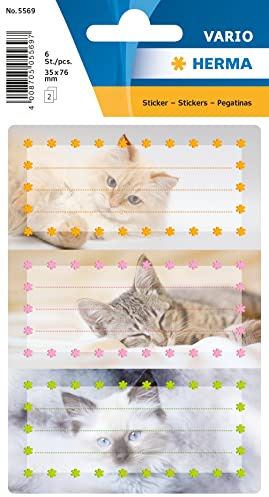 HERMA 5569 Étiquettes de livre pour lettrage de chat (76 x 35 mm, 6 autocollants nominatifs, papier pailleté) auto-adhésives pour livres, cahiers, boîtes, ménage, coloré