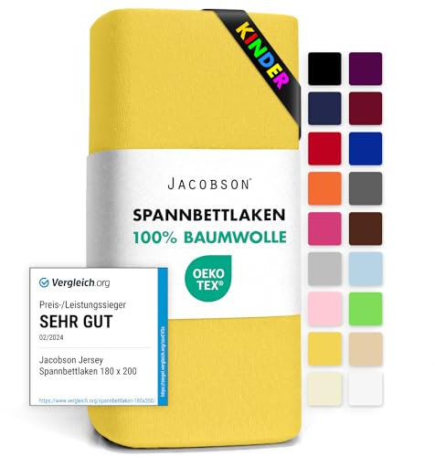 Jacobson Jersey Spannbettlaken Spannbetttuch Baumwolle Bettlaken (60x120-70x140 cm, Gelb)