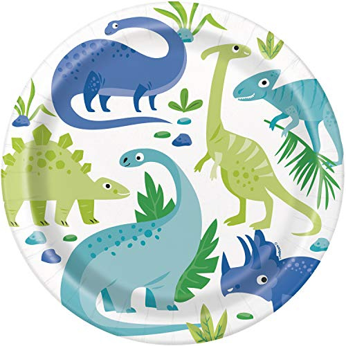 Blue & Green Dinosaur Dinner Plates (22cm) - Fun, Colorful & Adorable Party Tableware - Perfect for Kids Birthdays & Dino-Themed Events - 8ct